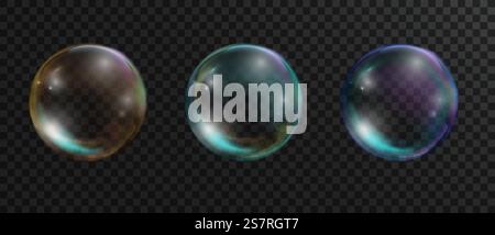 Bolle di sapone realistiche e iridescenti con riflessi e riflessi di vari colori. Illustrazione del set di bolle arcobaleno trasparenti. Bolle di sapone realistiche e iridescenti con riflessi e riflessi di vari colori. Illustrazione del set di bolle arcobaleno trasparenti. Illustrazione Vettoriale