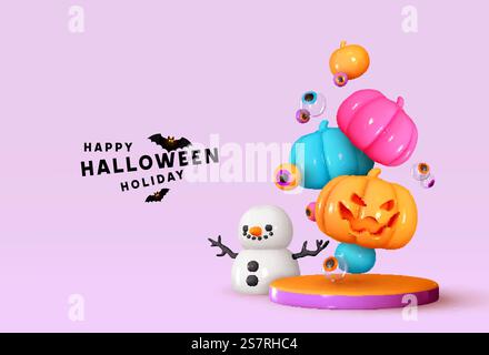 Buon sfondo di Halloween. Scenografia di progettazione 3d realistica sul podio, studio rotondo. Zucche arancioni e multicolori con emozione sul viso sorriso spaventoso. Banner creativo, poster Web. Illustrazione vettoriale Illustrazione Vettoriale