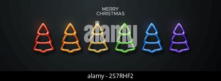 Arcobaleno astratto colora l'albero di Natale. Illustrazione vettoriale delle festività. Forme di abete isolate su sfondo nero. Elementi festivi per il design natalizio della famiglia LGBT. Buon Natale. Albero di Natale astratto. Illustrazione Vettoriale