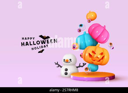 Buon sfondo di Halloween. Scenografia di progettazione 3d realistica sul podio, studio rotondo. Zucche arancioni e multicolori con emozione sul viso sorriso spaventoso. Banner creativo, poster Web. Illustrazione vettoriale Illustrazione Vettoriale