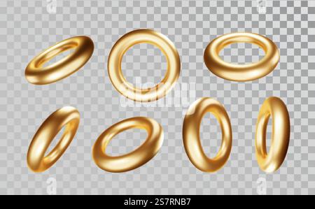 Torus in varie proiezioni su sfondo trasparente. Icone Gold realictick modello toro 3D... Torus in varie proiezioni su sfondo trasparente. Icone Gold realictick modello toro 3d. Illustrazione Vettoriale