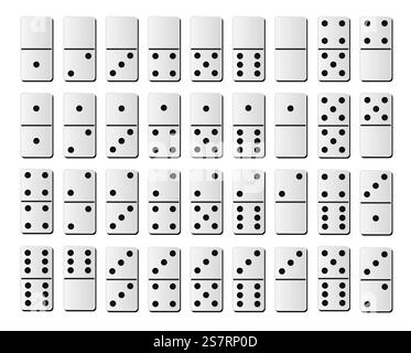 Domino o tessere a domino mockup realistici isolati da vettori bianchi con numero di macchie nere per il gioco su sfondo bianco. Illusione vettoriale EPS 10. Domino o tessere a domino mockup realistici isolati da vettori bianchi con numero di macchie nere per il gioco su sfondo bianco Illustrazione Vettoriale
