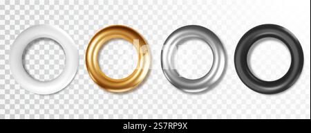 Set di forme realistiche in nero, bianco, argento e oro torus. Anelli 3d realistici per un design moderno. Set di forme realistiche in nero, bianco, argento e oro torus. Anelli 3d realistici per un design moderno. Illustrazione Vettoriale