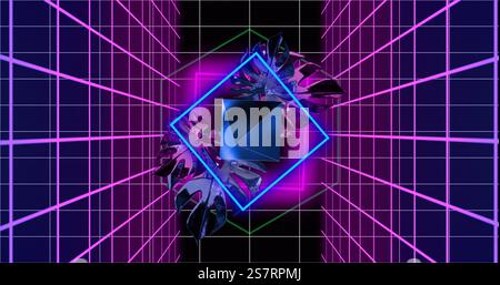 Forme geometriche e immagine a griglia al neon che creano un futuristico effetto tunnel digitale Foto Stock