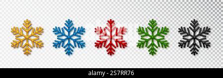I fiocchi di neve impostano colori diversi. Decorazioni natalizie realistiche e scintillanti isolate su sfondo trasparente. I fiocchi di neve impostano colori diversi. Decorazioni natalizie realistiche e scintillanti isolate su sfondo trasparente. Illustrazione Vettoriale