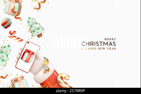 Modello di smartphone con oggetto decorativo natalizio. Schermo mobile per la presentazione di applicazioni, negozi online su Internet, promozioni per le vacanze, modello promozionale Capodanno. Effetto Top Fall Illustrazione Vettoriale