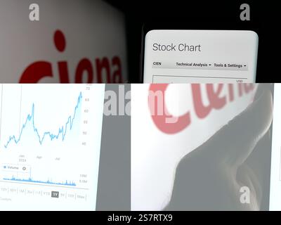 Germania. 18 ottobre 2024. In questa immagine, una persona ha in mano uno smartphone con sullo schermo la pagina Web della società statunitense di sistemi di rete Ciena Corporation con il logo. (Immagine di credito: © Timon Schneider/SOPA Images via ZUMA Press Wire) SOLO PER USO EDITORIALE! Non per USO commerciale! Foto Stock
