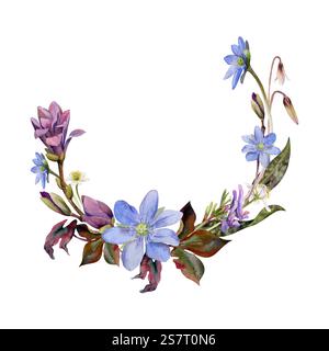 Fiori della foresta primaverile, gemme di giglio di trota bianca, orchidea corydalis viola, magnolia camelia, hepatica blu, dimenticami, disegnata a mano in acquerello. Corona Foto Stock