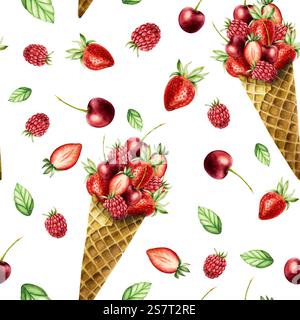 Motivo senza cuciture con cono croccante per waffle per un gelato pieno di fragole, lamponi e ciliegie. Dipinto a mano dolce illustrazione acquerello isolato su Foto Stock