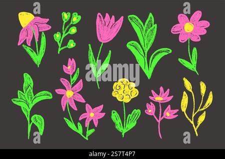 Set disegnato con gesso al neon fiori e foglie. Tulipani primaverili, margherite, piante di camomilla scarabocchiano sulla lavagna scolastica. Stile pastello a forma di bambino. Ingenuo vettore Illustrazione Vettoriale