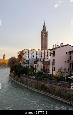 Splendida vista sul fiume di Verona, Italia, con colorati edifici storici lungo il fiume Adige, vegetazione lussureggiante e l'iconico campanile sottostante Foto Stock