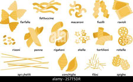 Set tipi di pasta italiana. Diversi maccheroni, spaghetti e penne. Gustosa cucina italiana, ingredienti alimentari vettoriali collezione di pasta italiana, maccheroni e spaghetti illustrazione. Set tipi di pasta italiana. Diversi maccheroni, spaghetti e penne. Cucina gustosa d'italia, ingredienti di cartoni animati, collezione vettoriale decente Illustrazione Vettoriale