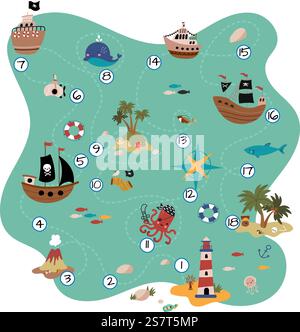 Mappa del tesoro gioco per bambini. Isola delle palme, vulcano e navi pirata nell'oceano. Gioco a tavola per bambini Sea Adventures. Modello vettoriale della pagina di gioco Nowaday. Illustrazione di un pirata dell'isola con un tesoro. Mappa del tesoro gioco per bambini. Isola delle palme, vulcano e navi pirata nell'oceano. Gioco a tavola per bambini Sea Adventures. Modello vettoriale della pagina di gioco Nowaday Illustrazione Vettoriale