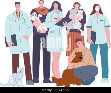 Veterinario e pazienti, gatti e cani con proprietari. Persone felici con animali domestici. Assistenza medica per gli animali, fumetti medici piatti. Caratteri verticali vettoriali. Paziente per illustrazione clinica veterinaria. Veterinario e pazienti, gatti e cani con proprietari. Persone felici con animali domestici. Assistenza medica per gli animali, fumetti medici piatti. Caratteri verticali vettoriali Illustrazione Vettoriale