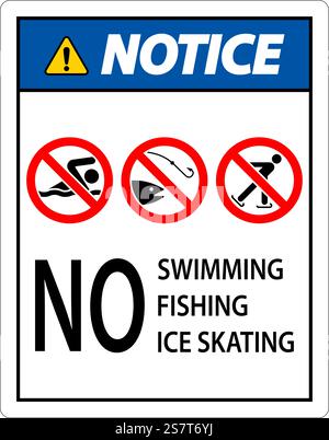 Avviso cartello di divieto - non è consentito nuotare, pescare, pattinare sul ghiaccio Illustrazione Vettoriale