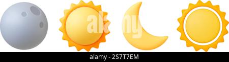 Varie icone 3d di sole e luna, a mezzaluna. Rendering realistico di stella e pianeta, luna grigia piena e sole giallo. Elementi vettoriali celesti dell'illustrazione del sole e della luna. Varie icone 3d di sole e luna, a mezzaluna. Rendering realistico di stella e pianeta, luna grigia piena e sole giallo. Elementi vettoriali celesti Illustrazione Vettoriale