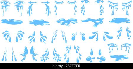Cartone animato che cade lacrime isolate, gocce di pioggia che gocciolano. Goccioline d'acqua dall'occhio, goccioline d'acqua di sudore. Piangere gli occhi, gli schizzi e la pozzanghera neoterica insieme di gocce di pioggia. Cartone animato che cade lacrime isolate, gocce di pioggia che gocciolano. Goccioline d'acqua dall'occhio, goccioline d'acqua di sudore. Piangere gli occhi, gli schizzi e il gruppo di vettori neoterici Illustrazione Vettoriale