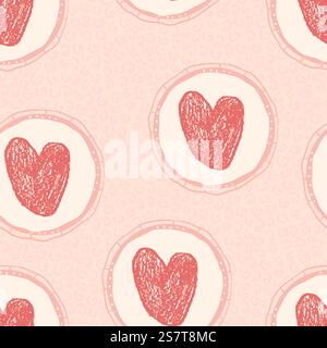 Cuori con cornice circolare vintage senza cuciture. Lo sfondo del coquette di San Valentino è ripetuto. Sfondo senza fine per i simboli d'amore. Romantico motivo rétro Illustrazione Vettoriale