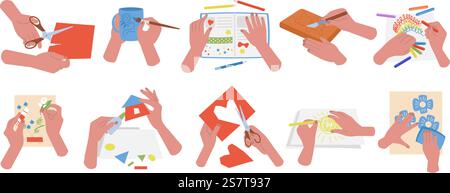 Laboratorio creativo per bambini, le mani creano pittura, ricamo o fai da te. Arte tessile e cartaria, attività artigianali per bambini, collezione vettoriale decente di hobby e illustrazione di officina. Laboratorio creativo per bambini, le mani creano pittura, ricamo o fai da te. Arte tessile e cartaria, attività artigianali per bambini, collezione vettoriale decente Illustrazione Vettoriale