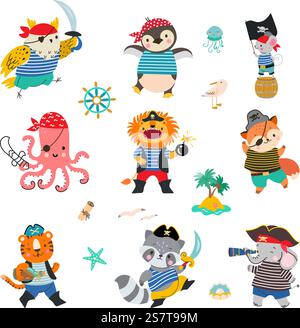 Pirati animali, coraggiosi leoni pirati marini, procioni e volpi. Gli animali dei cartoni animati indossano costumi da rapinatore dell'oceano e capitano della nave, divertenti personaggi vettoriali infantili di animali pirati simpatici illustrazioni. Pirati animali, coraggiosi leoni pirati marini, procioni e volpi. Gli animali dei cartoni animati indossano costumi da rapinatore e capitano della nave, divertenti personaggi vettoriali infantili Illustrazione Vettoriale