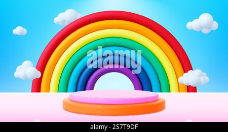 Sfondo 3d per bambini, arcobaleno, podio e nuvole di bolle bianche. Banner vuoto per bambini moderni. Modello vettoriale per poster di marketing e pubblicità del podio con illustrazione del design arcobaleno. Sfondo 3d per bambini, arcobaleno, podio e nuvole di bolle bianche. Banner vuoto per bambini moderni. Modello vettoriale per poster pubblicitari e marketing Illustrazione Vettoriale
