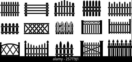 Silhouette nere. Recinzioni in ferro e legno, cancelli sagomati icone. Sicurezza degli elementi degli edifici. Barriera isolata o isolata per fattorie Set vettoriale decente di sagoma di recinzione in legno nero. Silhouette nere. Recinzioni in ferro e legno, cancelli sagomati icone. Sicurezza degli elementi degli edifici. Arenile isolato o barriere agricole Set vettoriale decente Illustrazione Vettoriale