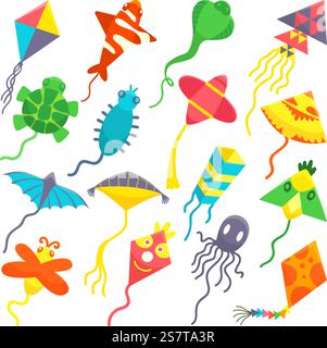 Giocattoli di aquiloni di carta, aquiloni colorati. Design giocattolo di carta per bambini con vento volante piatto. Felice gioco d'infanzia, simboli di libertà. Elementi vettoriali d'aria Neoteric festival di illustrazione di aquiloni cartoni animati. Giocattoli di aquiloni di carta, aquiloni colorati. Design giocattolo di carta per bambini con vento volante piatto. Felice gioco d'infanzia, simboli di libertà. Elementi vettoriali d'aria neoterici festival Illustrazione Vettoriale