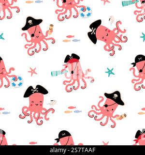 Polpo cartoni animati senza cuciture. Stampa pirati, simpatica grafica di animali sott'acqua. Modello di tessuto per bambina, vettoriale del vivaio di neve sfondo di un cartone animato pirata di polpo marino. Polpo cartoni animati senza cuciture. Stampa pirati, simpatica grafica di animali sott'acqua. Modello in tessuto ragazzo ragazza, sfondo vettoriale per vivaio nowaday Illustrazione Vettoriale