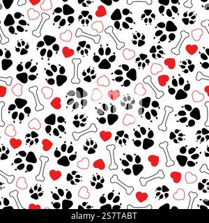 Impronte di cane motivo senza cuciture. Stampe di animali domestici, sfondo di cani o gattini. Cuccioli, cuori e ossa in tessuto veterinario stampano un modello vettoriale decente con impronta senza cuciture illustrazione di sfondo. Impronte di cane motivo senza cuciture. Stampe di animali domestici, sfondo di cani o gattini. I cuccioli, i cuori e le ossa dei tessuti dei cuori stampano un modello vettoriale decente Illustrazione Vettoriale