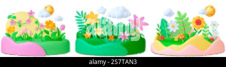 Flower 3d sul podio. Mazzi di fiori o prato rendono la composizione. Paesaggio realistico elementi plastici, floreali e foglie vettoriali set di bouquet illustrazione floreale del podio. Flower 3d sul podio. Mazzi di fiori o prato rendono la composizione. Paesaggio realistico elementi plastici, floreali e lascia un set vettoriale pithy Illustrazione Vettoriale