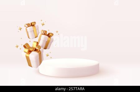 Scena del podio del prodotto in stile natalizio 3d con scatola regalo bianca cadente volante con fiocco d'oro. Buon Natale e nuovo anno, design banner festivo, biglietto di auguri. rendering 3d. Illustrazione vettoriale. Scena 3d natalizia del podio Illustrazione Vettoriale
