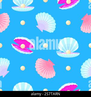 Motivo a guscio perlato senza cuciture. Stampa in tessuto con conchiglie e perle di cartoni animati. Elementi subacquei decorativi, gioielli marini, sfondo vettoriale con perle di mare nell'illustrazione del guscio. Motivo a guscio perlato senza cuciture. Stampa in tessuto con conchiglie e perle di cartoni animati. Elementi subacquei decorativi, gioielli marini sullo sfondo vettoriale Illustrazione Vettoriale