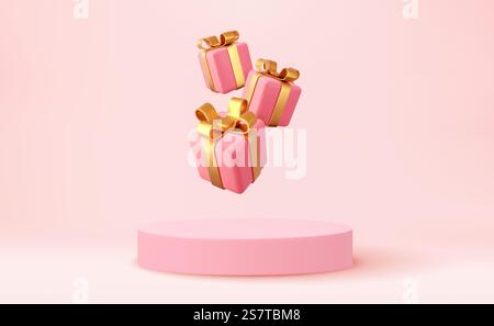 Scena del podio del prodotto in stile natalizio 3d con scatola regalo bianca cadente volante con fiocco d'oro. Buon Natale e nuovo anno, design banner festivo, biglietto di auguri. rendering 3d. Illustrazione vettoriale. Scena 3d natalizia del podio Illustrazione Vettoriale