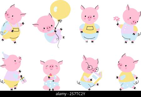 Maiali cartoni animati, simpatici personaggi di maiale in pose diverse. Maialino felice, adorabile maialino attivo isolato. Attività degli animali da fattoria, collezione vettoriale di cartoni animati maiale divertente illustrazione. Maiali cartoni animati, simpatici personaggi di maiale in pose diverse. Maialino felice, adorabile maialino attivo isolato. Attività degli animali di allevamento, raccolta vettoriale di nowaday Illustrazione Vettoriale