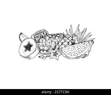 Delizioso mix di frutta aromatica illustrazione vettoriale in bianco e nero disegnata a mano. Papaya, mango, carambola, maracuja, Pitahaya fette con palma tropicale Illustrazione Vettoriale