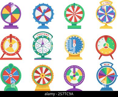 Fortune Wheels, ruota di gioco isolata. Gioca alla roulette, alla lotteria o al premio vincente nel casinò. Simboli fortunati, gioco d'azzardo icone vettoriali decenti di fortuna. Fortune Wheels, ruota di gioco isolata. Gioca alla roulette, alla lotteria o al premio vincente nel casinò. Simboli fortunati, gioco d'azzardo con icone vettoriali decenti Illustrazione Vettoriale