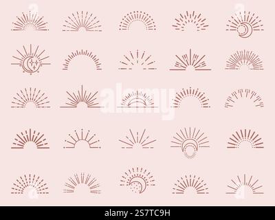Logo Explosion Sunburst, simboli decorativi retrò Sun boho. Emblemi degli zingari bohémien. Icone retrò astratte, immagine grafica del tramonto con linee neoteriche. Logo Explosion Sunburst, simboli decorativi retrò Sun boho. Emblemi degli zingari bohémien. Icone retrò astratte, set di vettori di tramonto della linea neoterica Illustrazione Vettoriale