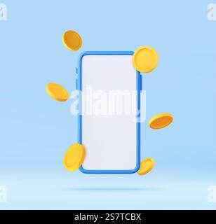 Telefono 3d con schermo bianco intorno al quale volano le monete d'oro, shopping online. Concetto vincente. Pagamento e trasferimento online tramite cellulare. Finanza, investimenti, risparmio di denaro. rendering 3d. Illustrazione vettoriale. Telefono 3d con schermo bianco Illustrazione Vettoriale