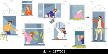 Persone che condividono idee. Aiuto di quartiere, quartiere amichevole o unità. Amici vicini, adulti in snugly House finestre vettoriali scena di comunità in casa. Persone che condividono idee. Aiuto di quartiere, quartiere amichevole o unità. Amici vicini, adulti nella scena vettoriale delle finestre di casa Illustrazione Vettoriale