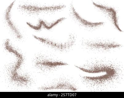 Macchie di caffè, cioccolato al cacao in polvere. Briciole o granuli, polvere di cannella piccante. Illustrazione di un'esplosione marrone isolata, vettoriale di sabbia realistica spruzzo di polvere sparsa. Macchie di caffè, cioccolato al cacao in polvere. Briciole o granuli, polvere di cannella piccante. Esplosione marrone isolata, spruzzi di sabbia realistici vettoriali Illustrazione Vettoriale