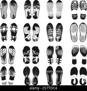 Piede umano scaletta a piedi nudi e con le scarpe. Scarpe nere sporche silhouette, stivali e sneakers. Icone dei passi isolati serie di vettori neoterici di illustrazione dell'impronta umana. Piede umano scaletta a piedi nudi e con le scarpe. Scarpe nere sporche silhouette, stivali e sneakers. Icone dei passi isolati insieme di vettori neoterici Illustrazione Vettoriale
