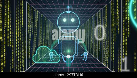 Immagine di robot e cloud computing sullo sfondo del tunnel dati digitale Foto Stock