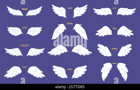Ali piatte d'angelo cartoni animati. Angeli delle ali e scintillano nimbus. Carini e luminosi elementi del cielo santo. Semplici simboli di uccelli volanti, grafica vettoriale di piume d'angelo e illustrazione di alone. Ali piatte d'angelo cartoni animati. Angeli delle ali e scintillano nimbus. Carini e luminosi elementi del cielo santo. Semplici simboli di uccelli volanti, grafica vettoriale perfetta Illustrazione Vettoriale