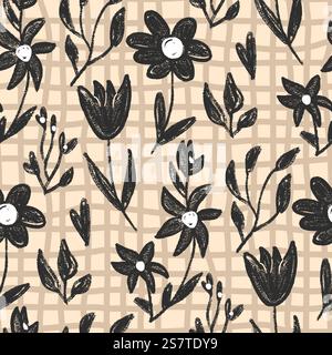 Fiori senza cuciture. Stencil floreale bianco e nero su sfondo. Linocut ha disegnato una copertina ripetuta. Motivo molla modello superficie. Vector Hand dra Illustrazione Vettoriale
