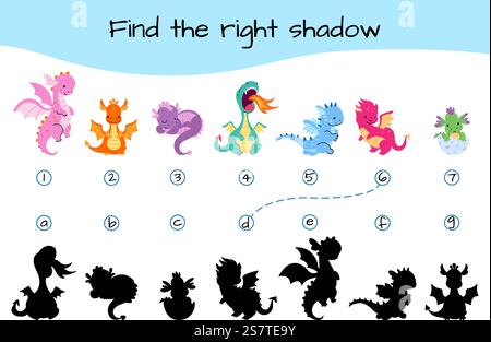 Trova il gioco d'ombra. Giocattolo educativo di carta infantile con cartoni animati carini draghi. Gioco in via di sviluppo, personaggi e ombre dinos, modello vettoriale di illustrazione di poster educativi con draghi. Trova il gioco d'ombra. Giocattolo educativo di carta infantile con cartoni animati carini draghi. Sviluppo di gioco, personaggi dinos e ombre, modello vettoriale di oggi Illustrazione Vettoriale