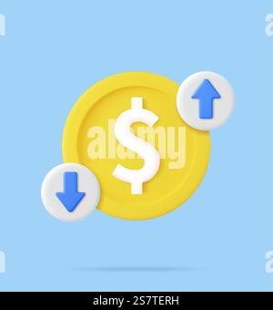 Costo 3d del dollaro con freccia giù e su. Moneta di dollaro con perdita o crescita. rendering 3d. Illustrazione vettoriale. Costo 3d del dollaro con freccia giù e su. Illustrazione Vettoriale