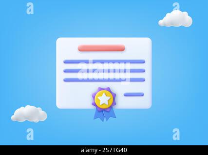 3d Achievement, Award, Grant, concetti di diploma. icona certificato con timbro e arco a nastro. rendering 3d. Illustrazione vettoriale. Concetti di conseguimento, assegnazione, concessione, diploma. Illustrazione Vettoriale