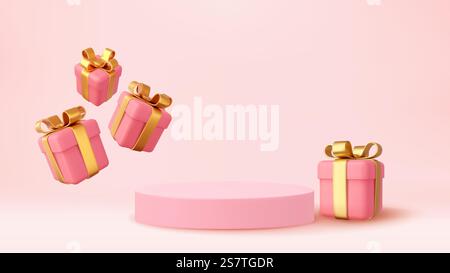 Scena del podio del prodotto in stile natalizio 3d con scatola regalo bianca cadente volante con fiocco d'oro. Buon Natale e nuovo anno, design banner festivo, biglietto di auguri. rendering 3d. Illustrazione vettoriale. Scena 3d natalizia del podio Illustrazione Vettoriale