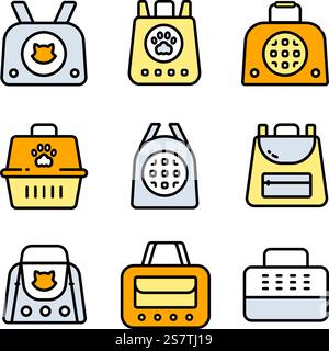 Raccolta dei simboli di colore del supporto PET. Icona accessori per animali domestici per cani e gatti. Icone semplici per negozi di animali domestici, assistenza veterinaria e igiene animale. Vettore i Illustrazione Vettoriale