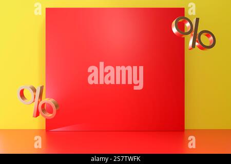 Il quadrato rosso è centrato su sfondo giallo brillante, accompagnato da segni di percentuale d'oro lucido. Questa impostazione crea un design accattivante per un Foto Stock